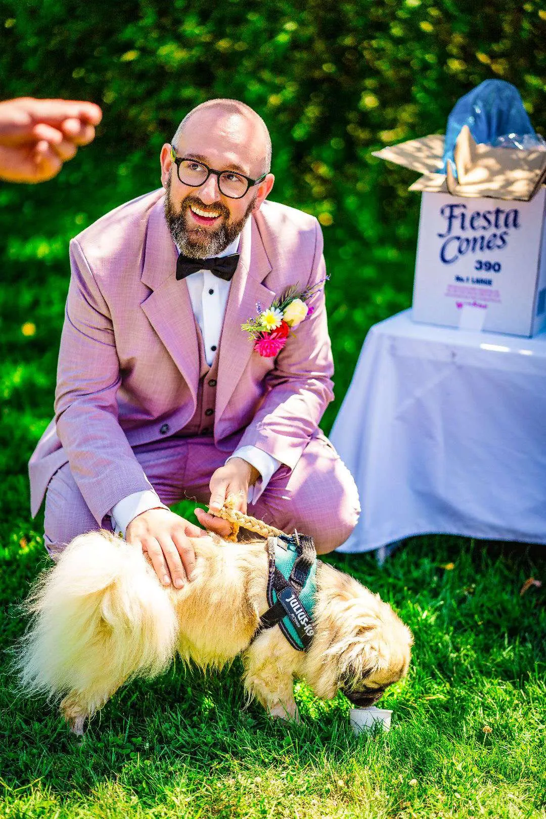 Groom in a pink suit with a bright buttonhole, crouching beside a fluffy dog